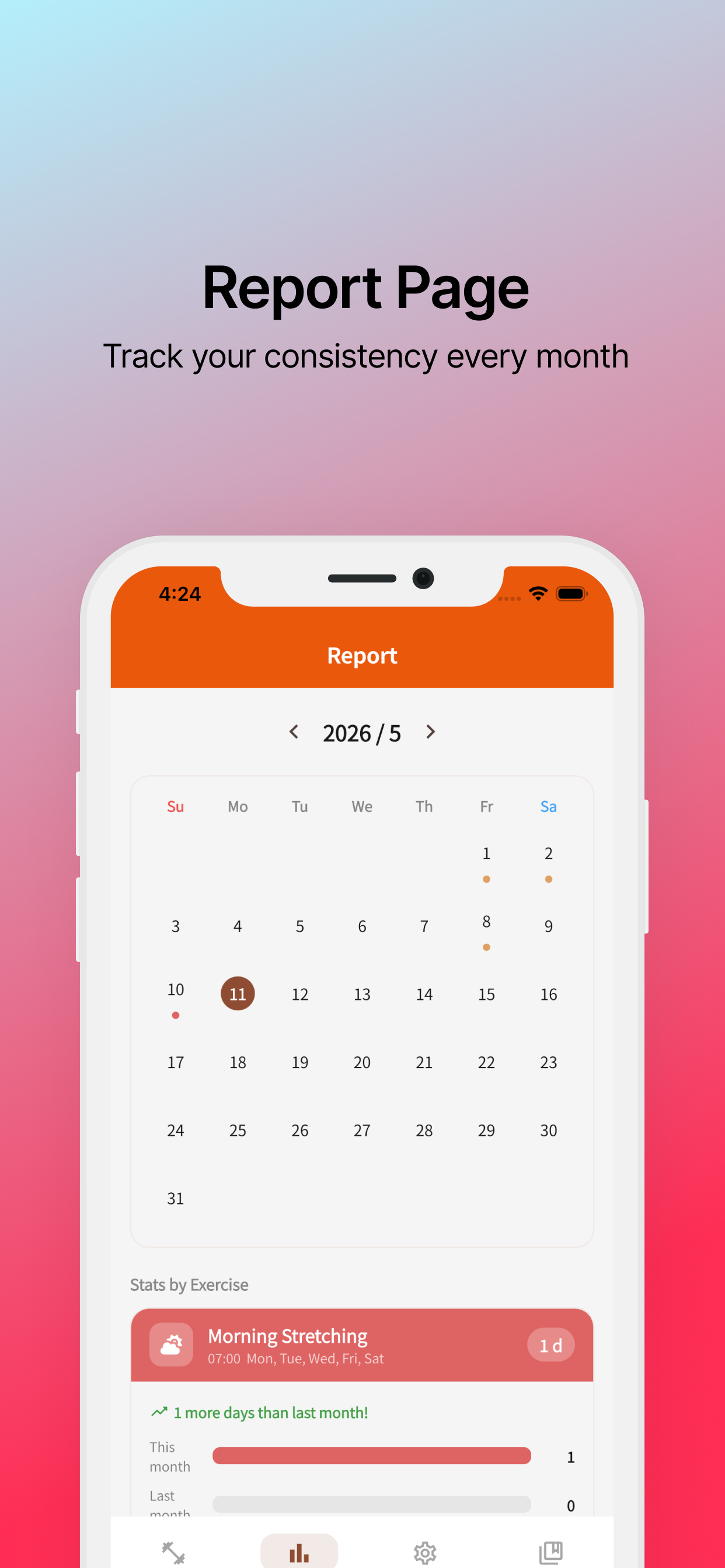 Report — track your consistency on a monthly calendar